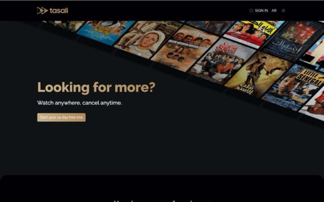 A dark landing page for Tasali, an Arabic film streaming service. A tilted grid of film posters behind the headline Looking for more, with a start your free trial button.