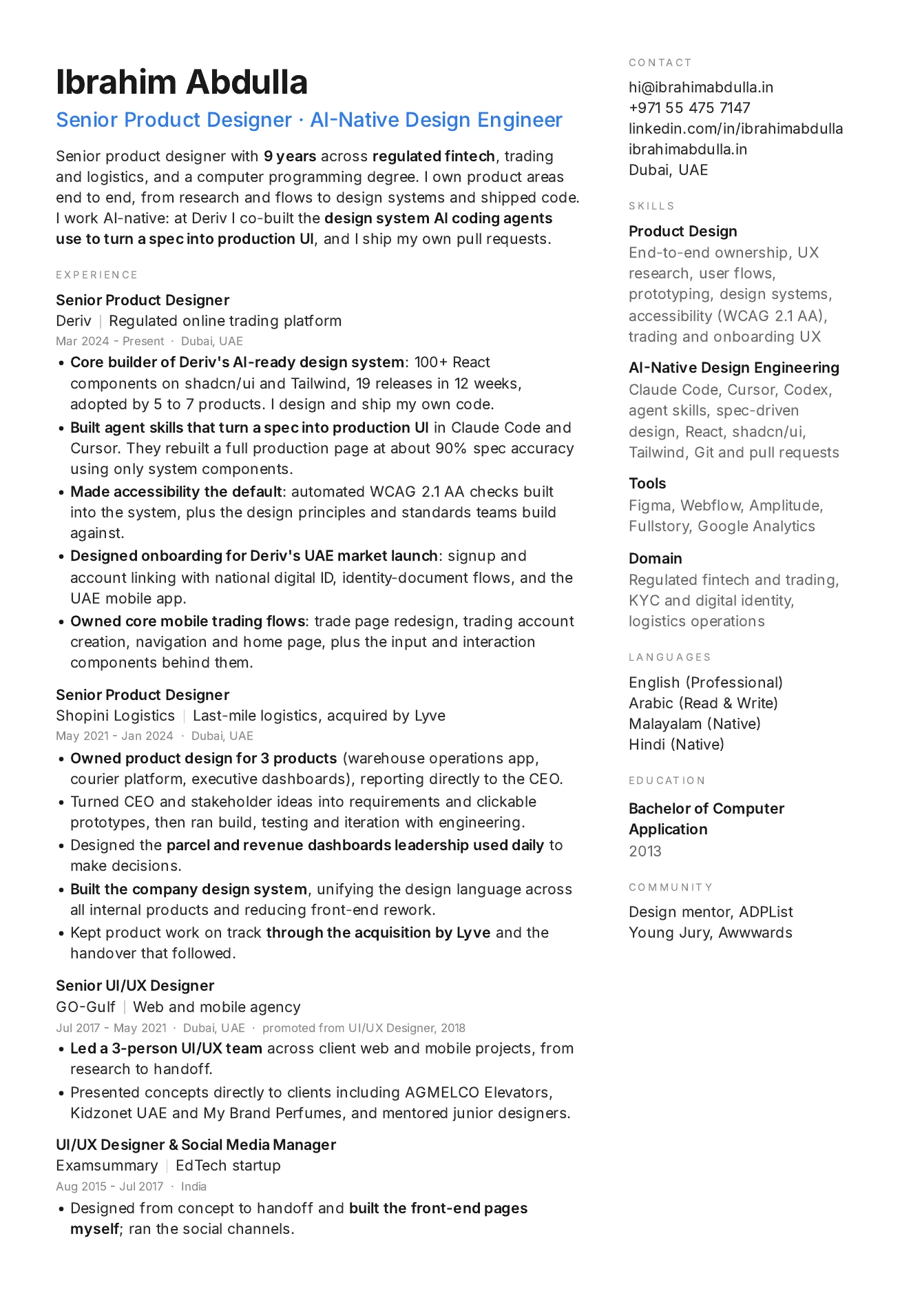 Preview of Ibrahim Abdulla's one-page CV