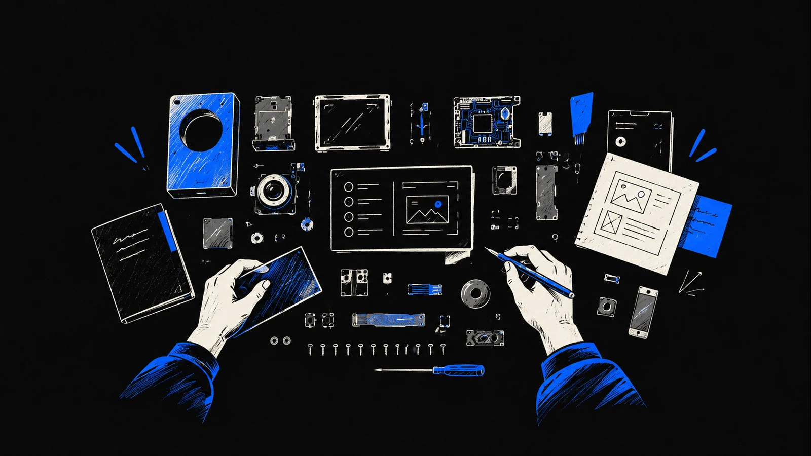 Hands sketching a product screen among laid-out parts, notebooks and wireframes