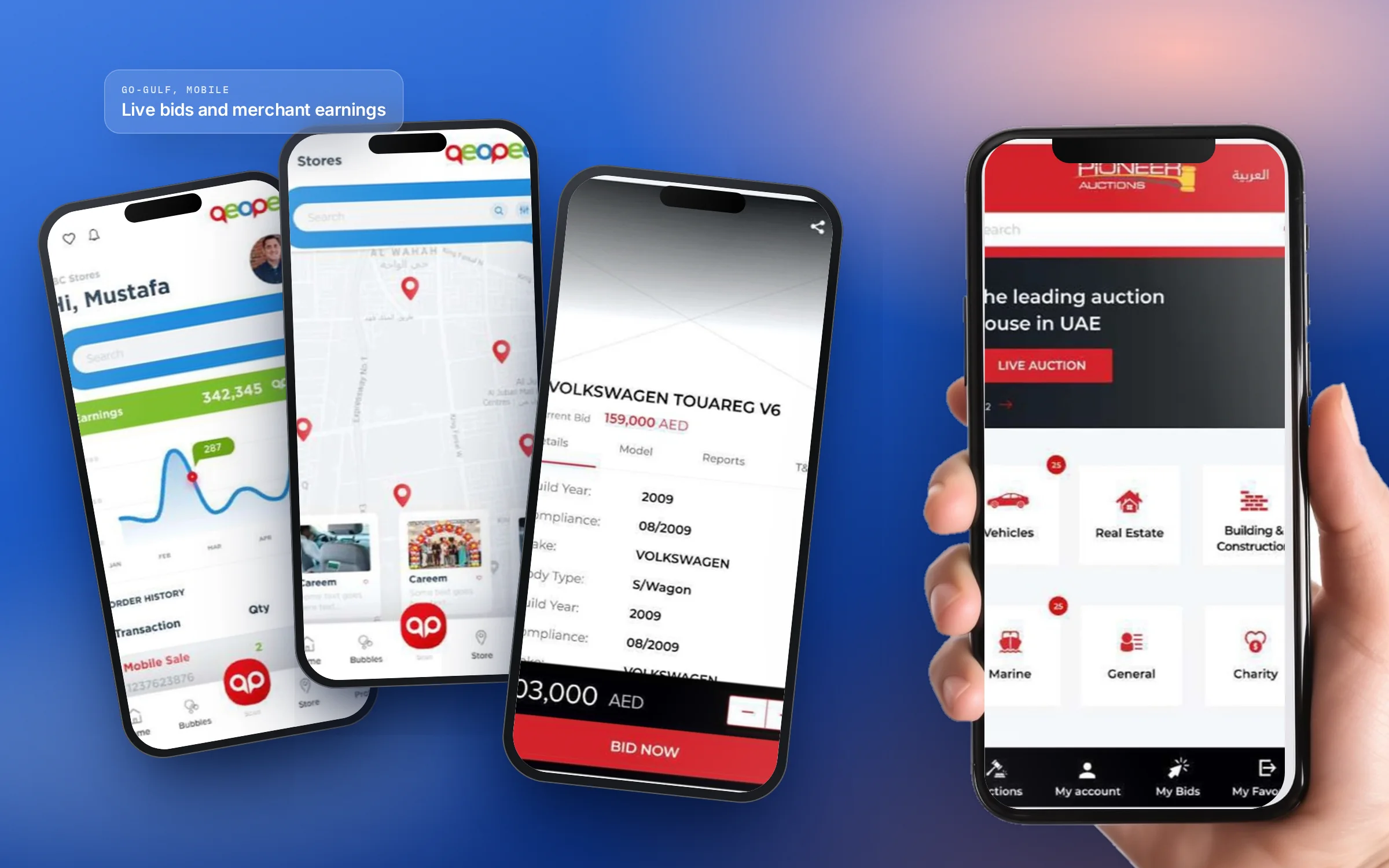 Pioneer Auctions and qeopee: screens from the project